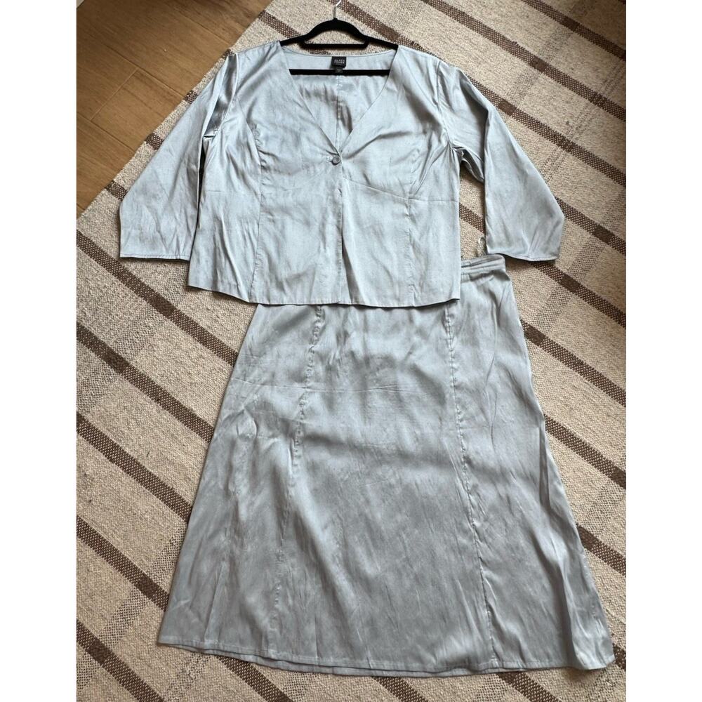 Vintage Eileen Fisher 100% Raw Silk Skirt Set Silvery Sky Blue 2X MIDI Jacket